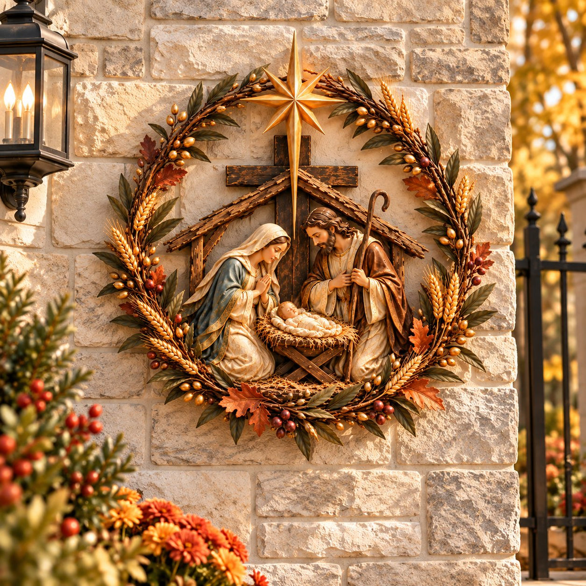 ✝️🍂 Autumn Nativity Cross Metal Wall Decor – Rustic Holy Family Harvest Wreath