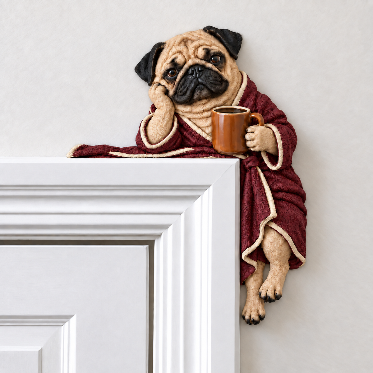 Cozy Coffee Pug Door Corner Topper on a white doorway
