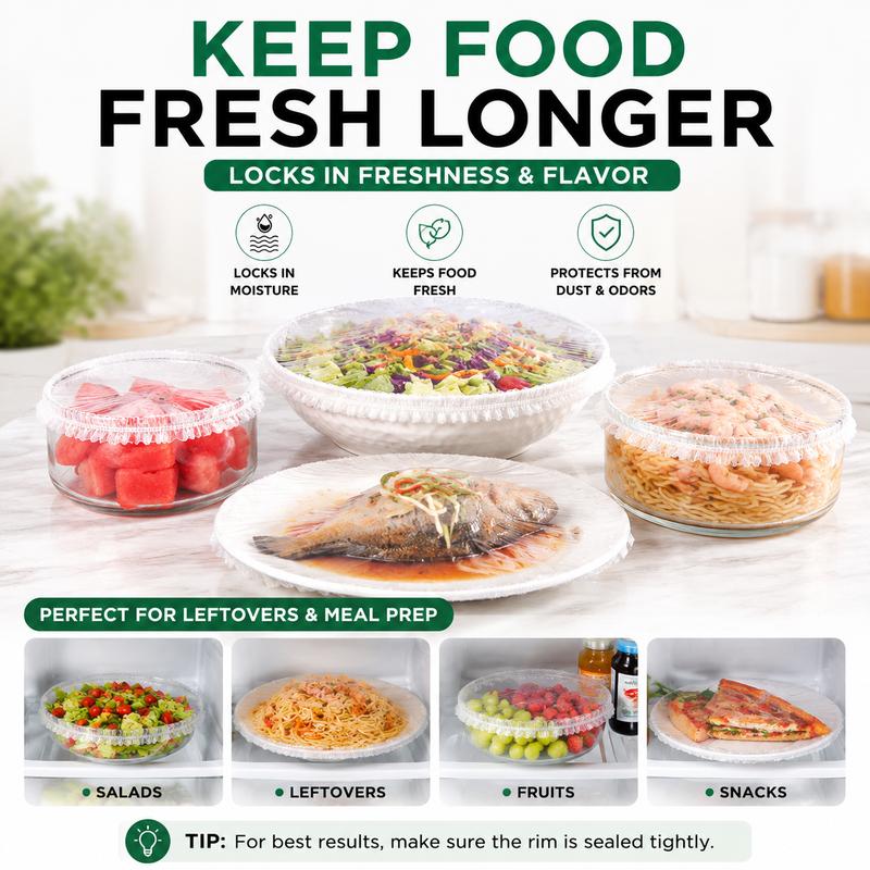 🍽️ 100PCS Disposable Stretch Food Covers - Elastic Bowl & Plate Sealers 🍏