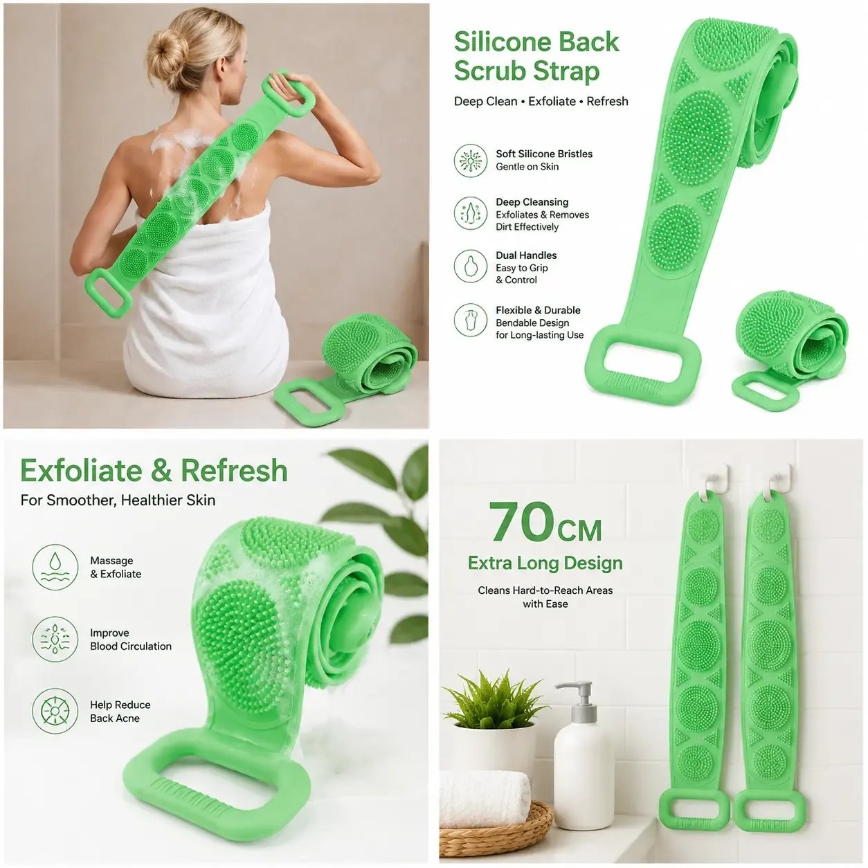🚿🛁 Silicone Shower Back Scrubber Belt – Double-Sided Exfoliating Shower Body Brush with Mesh Sponge for Deep Cleaning