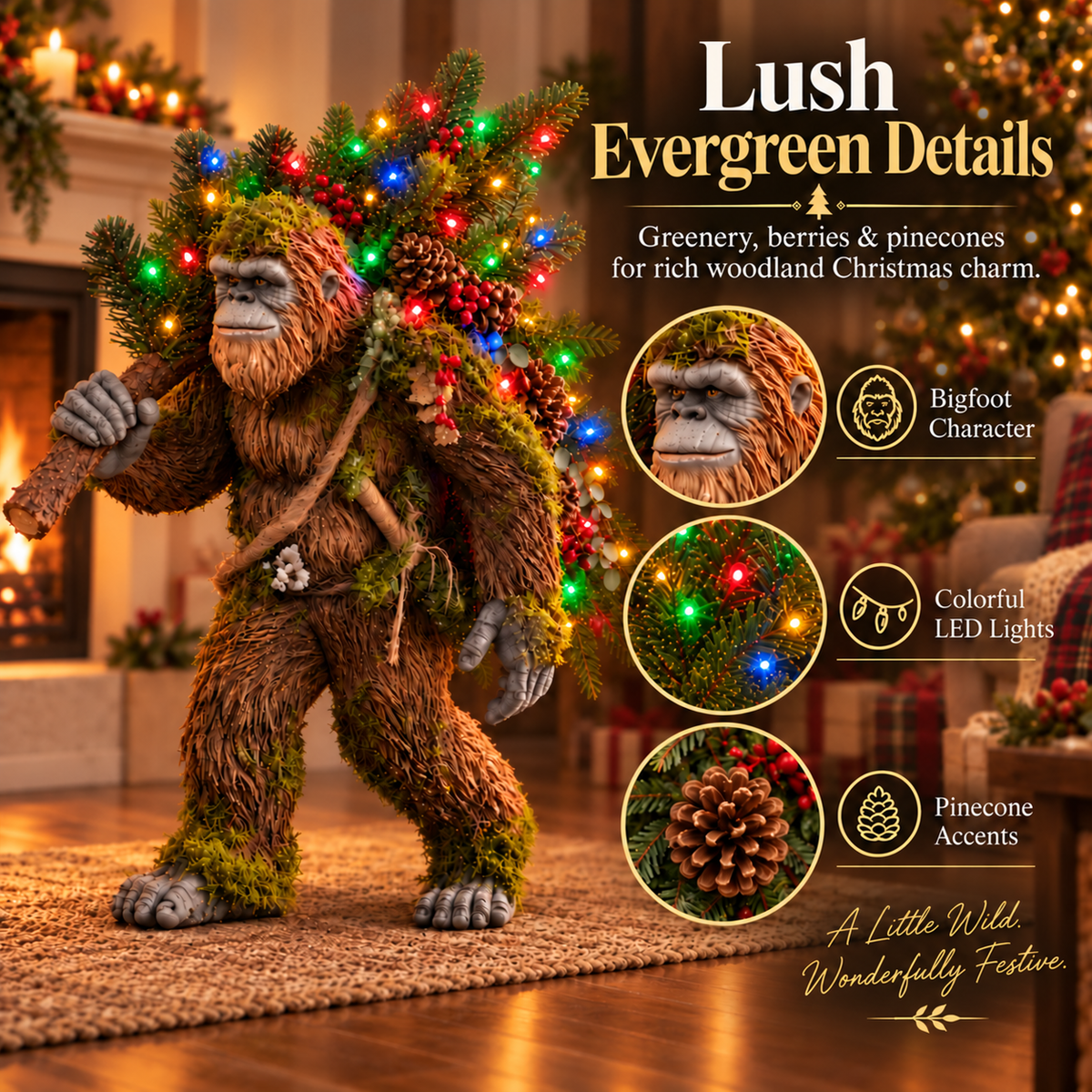 Close-up of Woodland Bigfoot, colorful Christmas lights, evergreen branches and pinecone decorations
