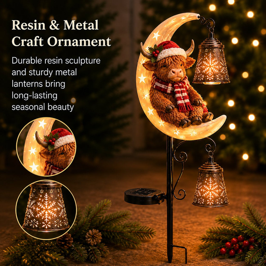 Highland Cow Moon Solar Garden Light detailed design