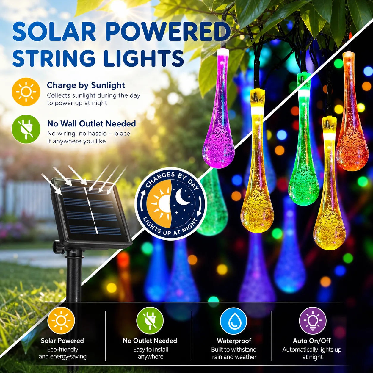 Solar Water Drop String Lights – 8 Modes, IP44 Waterproof Outdoor Lights