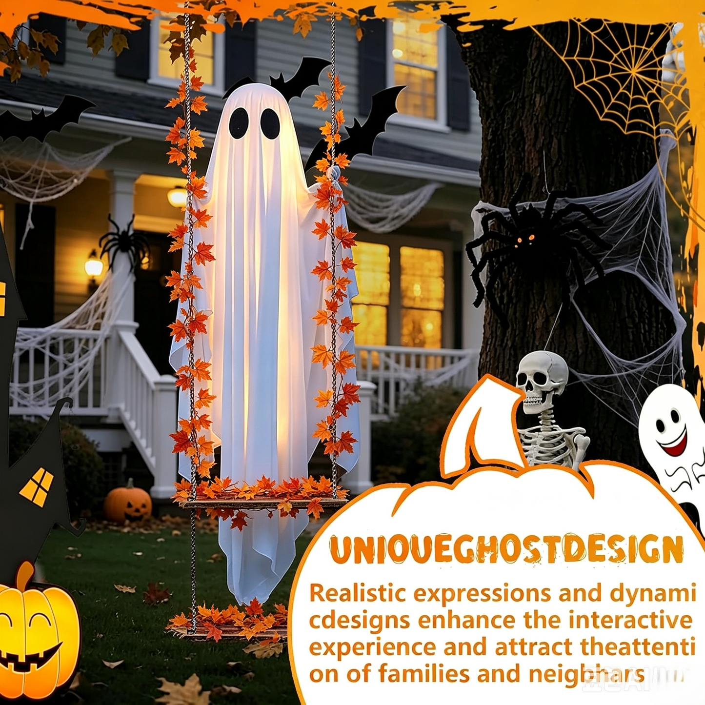 🔥Limited-time 50% Off👻✨LED Hanging Ghost Swing Decoration, 5FT Remote Controlled Halloween Outdoor Hanging Decor🎃