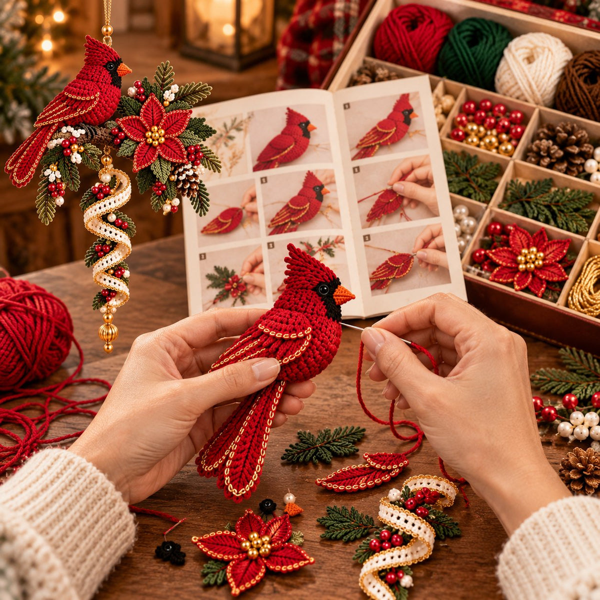 🎄❤️ Cardinal & Poinsettia DIY Ornament Kit