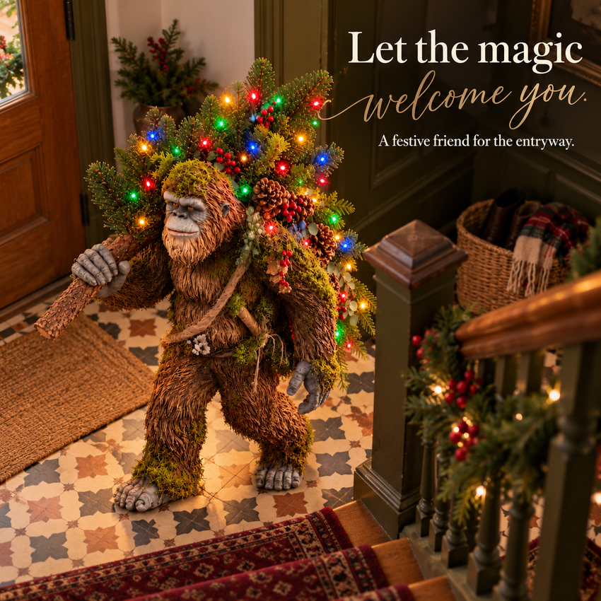 Bigfoot carrying Christmas lights in a decorated entryway