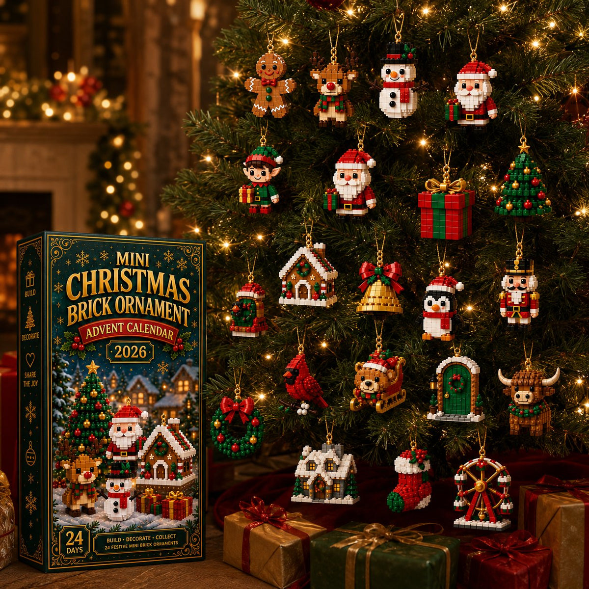 Mini brick Christmas ornaments hanging from a decorated Christmas tree