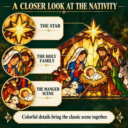 ✝️ Nativity Scene Christmas Decoration 🎄✨ Stained Glass Style Holy Family Display with Baby Jesus, Mary, Joseph & Stable Animals 🕊️🎁