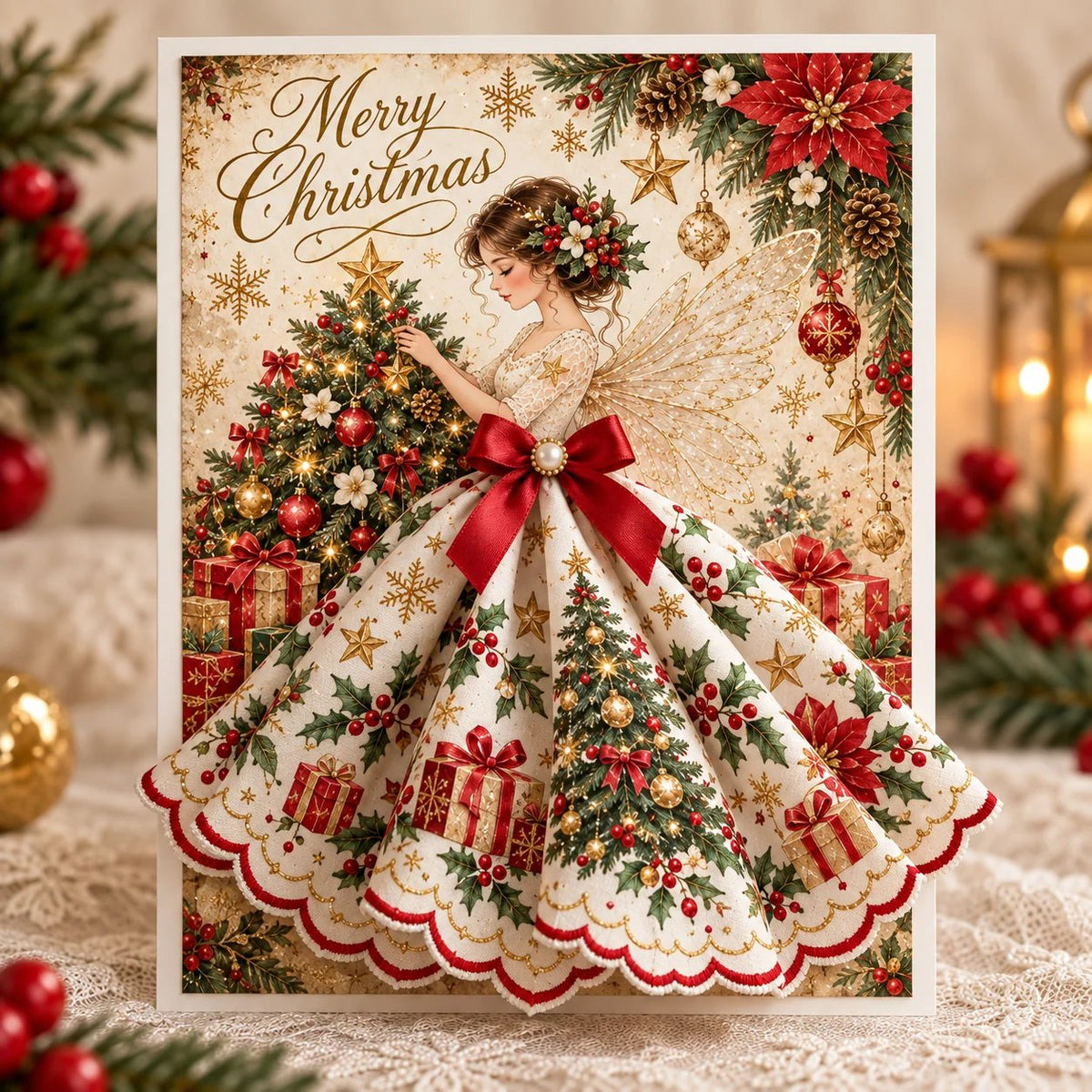 3D Christmas Angel greeting card with Christmas tree dress