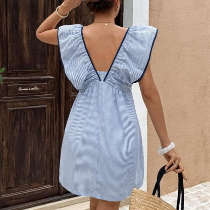 💙 Women’s Elegant Blue & White Striped V-Neck Dress