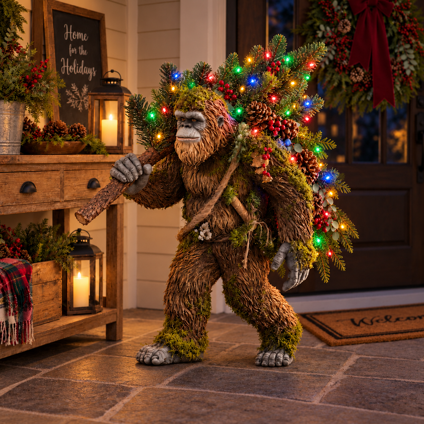 Woodland Bigfoot with colorful Christmas tree on a warmly lit porch