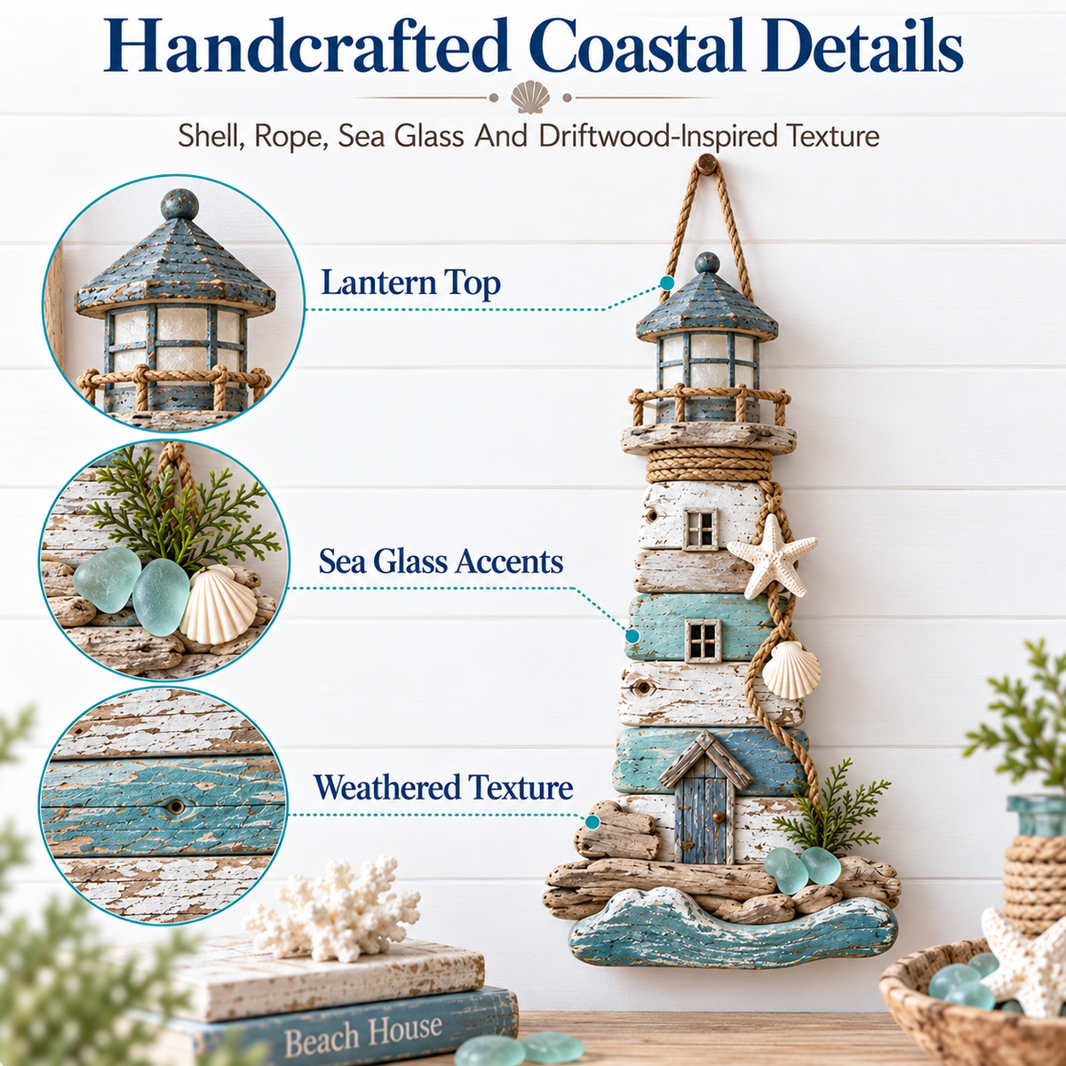 Handcrafted coastal details of the driftwood lighthouse wall decor