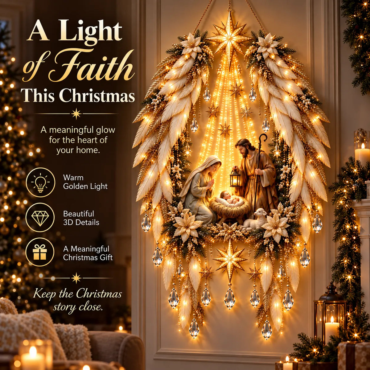 Heavenly Angel Wings Nativity Light featuring glowing gold star, ivory wings and the Holy Family