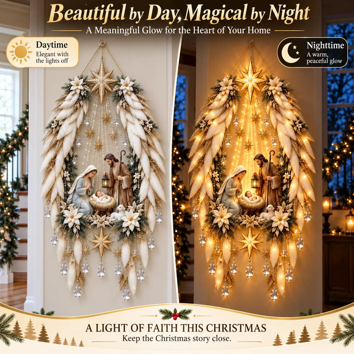 Heavenly Angel Wings Nativity Light shown during daylight and illuminated at night