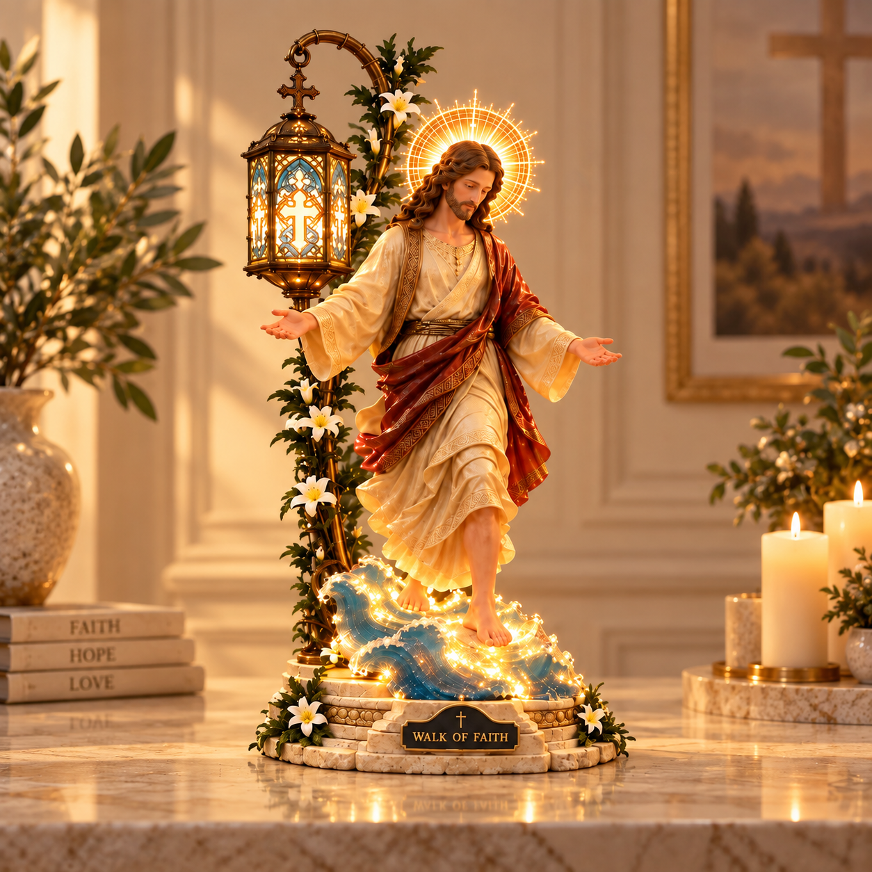 Walk by Faith illuminated Jesus walking on water sculpture
