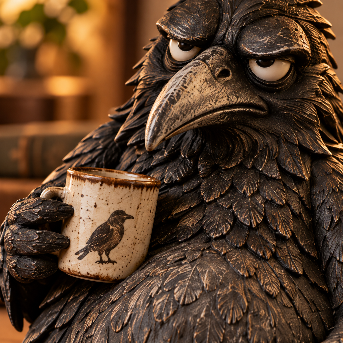 The Grumpy Coffee Raven – Rustic Vintage Coffee Lover Figurine