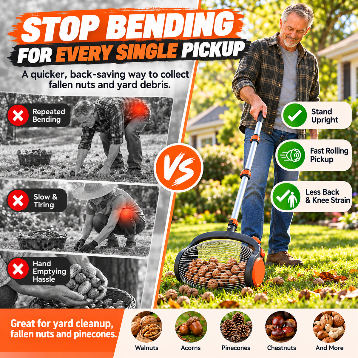 Telescoping Nut Gatherer with Foot-Operated Release – Rolling Walnut, Acorn & Pinecone Picker for Yard Cleanup