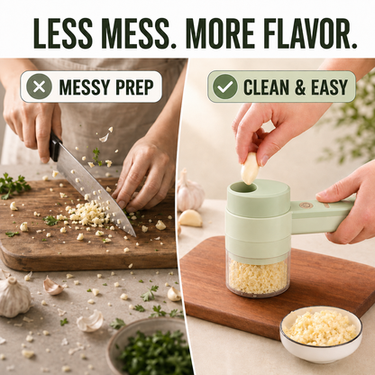 🧄 4-in-1 Handheld Electric Chopper: Slice, Mince, Peel & Auto-Clean!