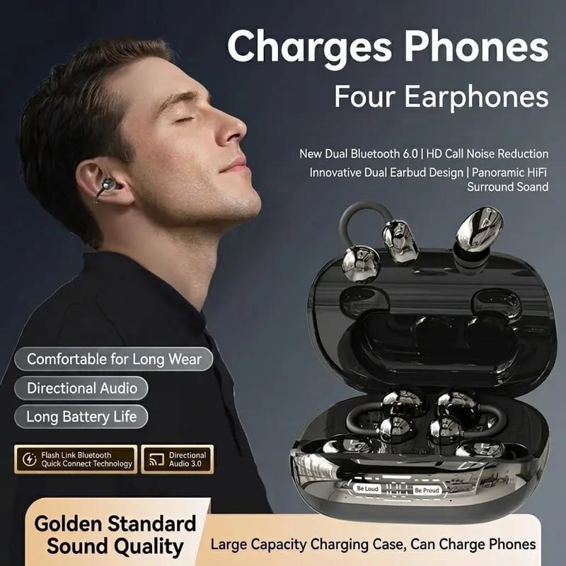 🎧 3-in-1 Wireless Earbuds with Power Bank Charging Case – Clip-On & Sleep Bluetooth Headphones with 4 Earbuds, Noise Cancellation, Water Resistant for Sports & Sleep