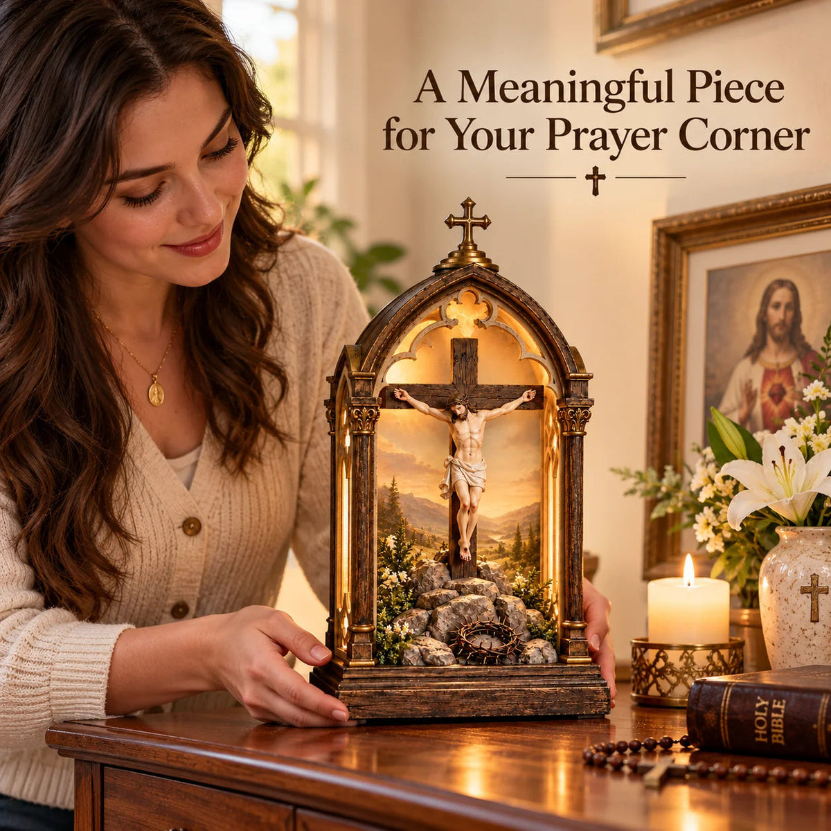 ✝️ Illuminated Calvary Devotional Shrine | Warm Christian Prayer Décor
