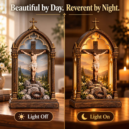 ✝️ Illuminated Calvary Devotional Shrine | Warm Christian Prayer Décor