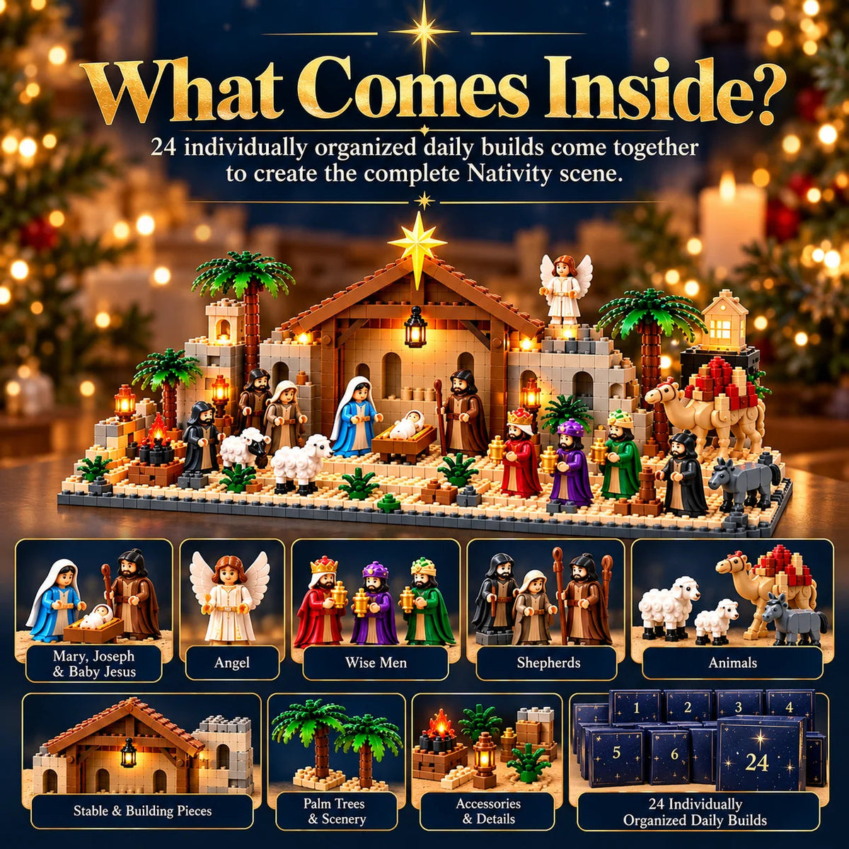 🎀49% OFF TODAY🎀Nativity Advent Calendar – 24-day Buildable Christmas Nativity Set