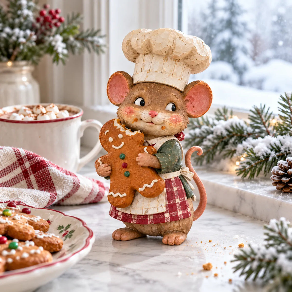 Gingerbread mouse baker next to a mug of hot chocolate, gingerbread cookies and Christmas greenery by a snowy window
