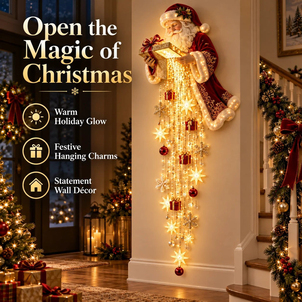 🎅 Santa’s Magical Gift Starfall Cascade™ | Lighted Christmas Wall Decor