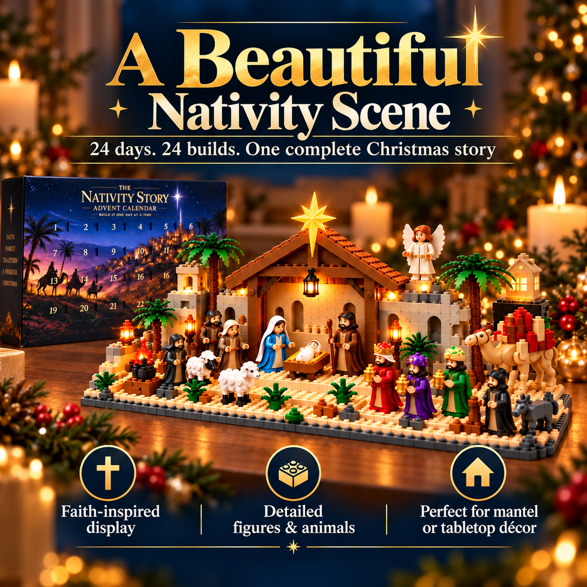 🎀49% OFF TODAY🎀Nativity Advent Calendar – 24-day Buildable Christmas Nativity Set