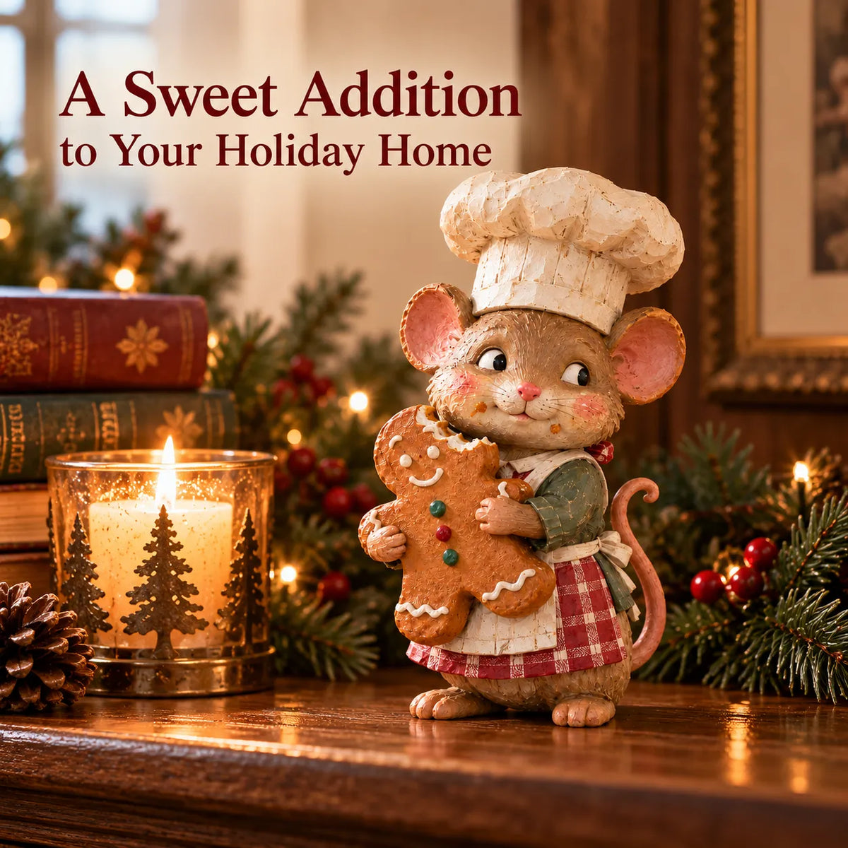 Gingerbread Mouse Baker Christmas figurine beside warm candlelight, pine greenery and festive Christmas decorations
