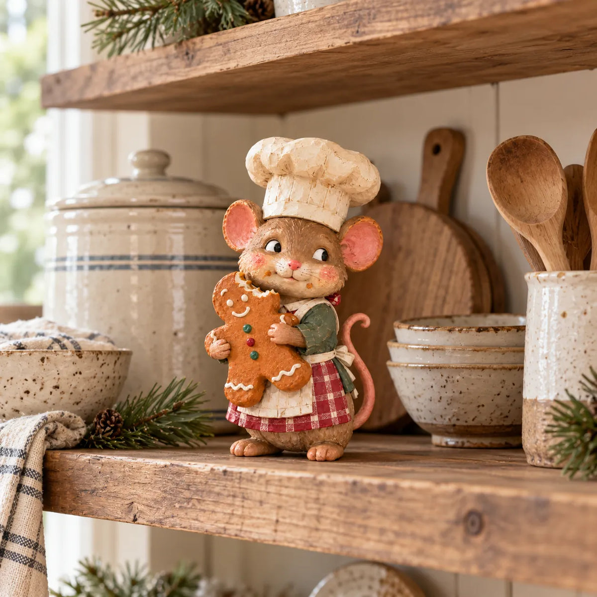 Gingerbread Mouse Baker figurine displayed on a farmhouse kitchen shelf among rustic ceramics and wooden kitchen utensils