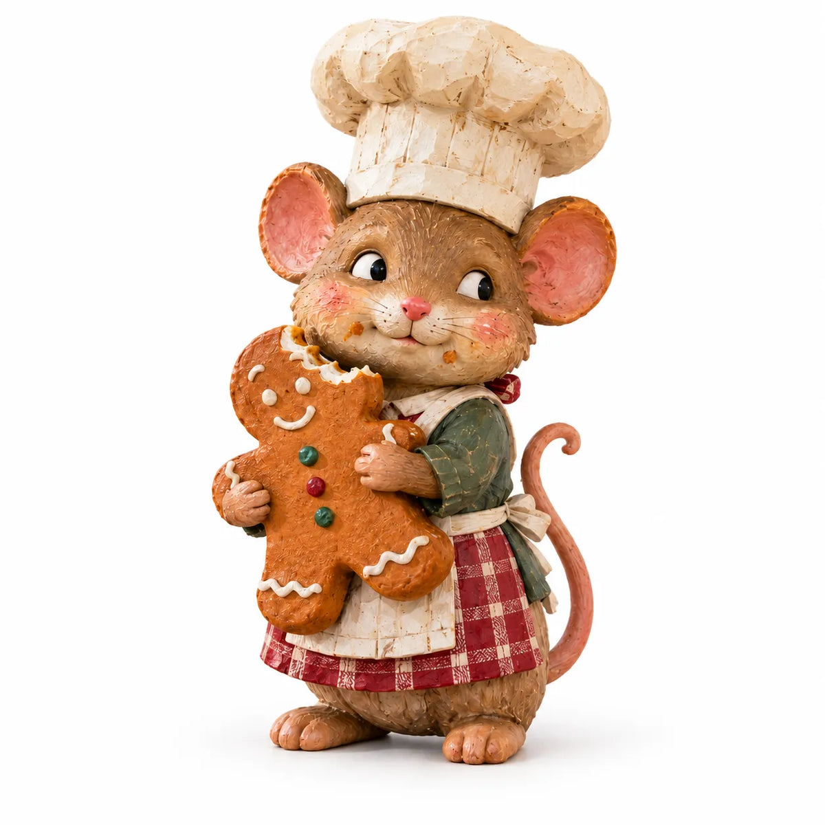 Full view of Gingerbread Mouse Baker figurine on a white background showing chef hat, pink ears, gingerbread cookie, gingham apron and curly tail