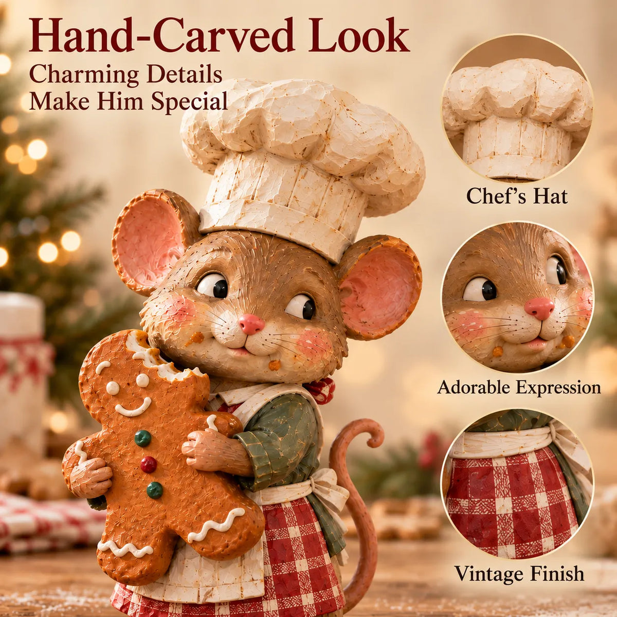 Close-up infographic showing the Gingerbread Mouse Baker's textured chef hat, smiling expression and red gingham apron