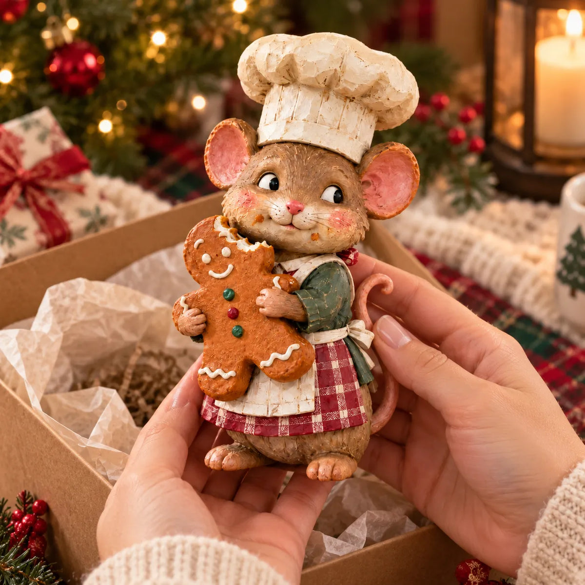 Gingerbread Mouse Baker Christmas figurine held gently in hands over a Christmas gift box with festive wrapping