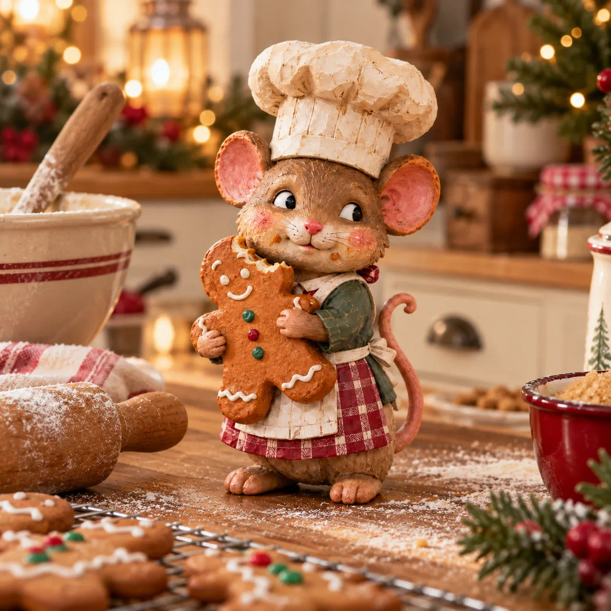 Gingerbread Mouse Baker Christmas figurine standing in a warm festive kitchen with cookies, baking tools and Christmas lights