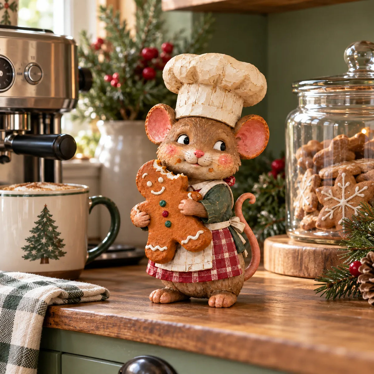 Gingerbread Mouse Baker Christmas figurine styled on a wooden coffee bar beside espresso machine, festive mug and gingerbread cookie jar