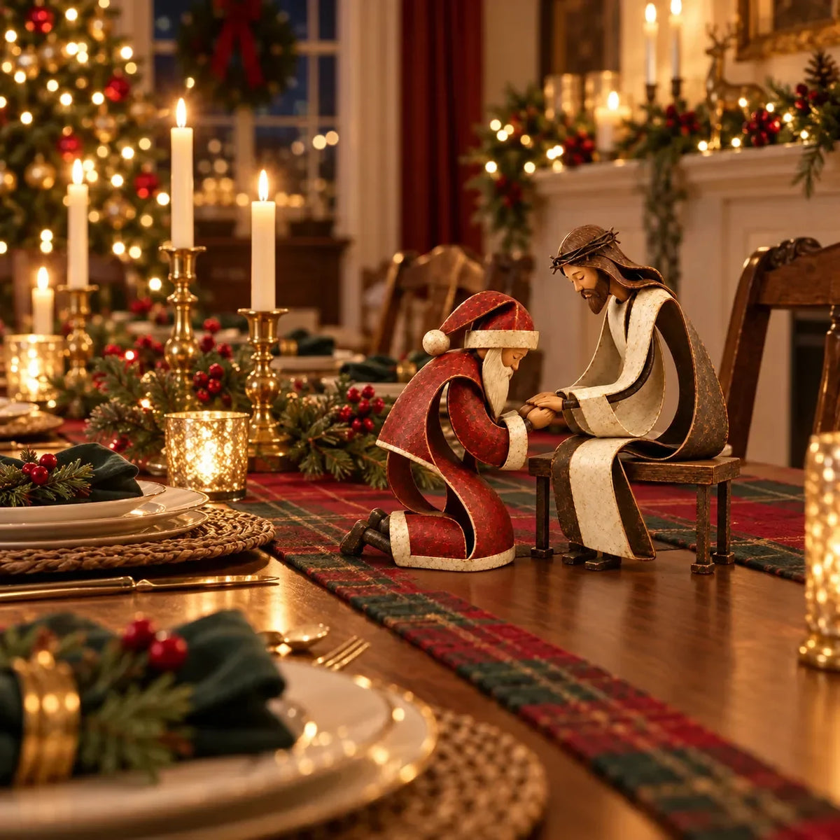 ⏳ Last Day 49% OFF – ✝️ Santa Kneeling Before Jesus Christmas Figurines | Meaningful Wood & Iron Faith Décor 🎄