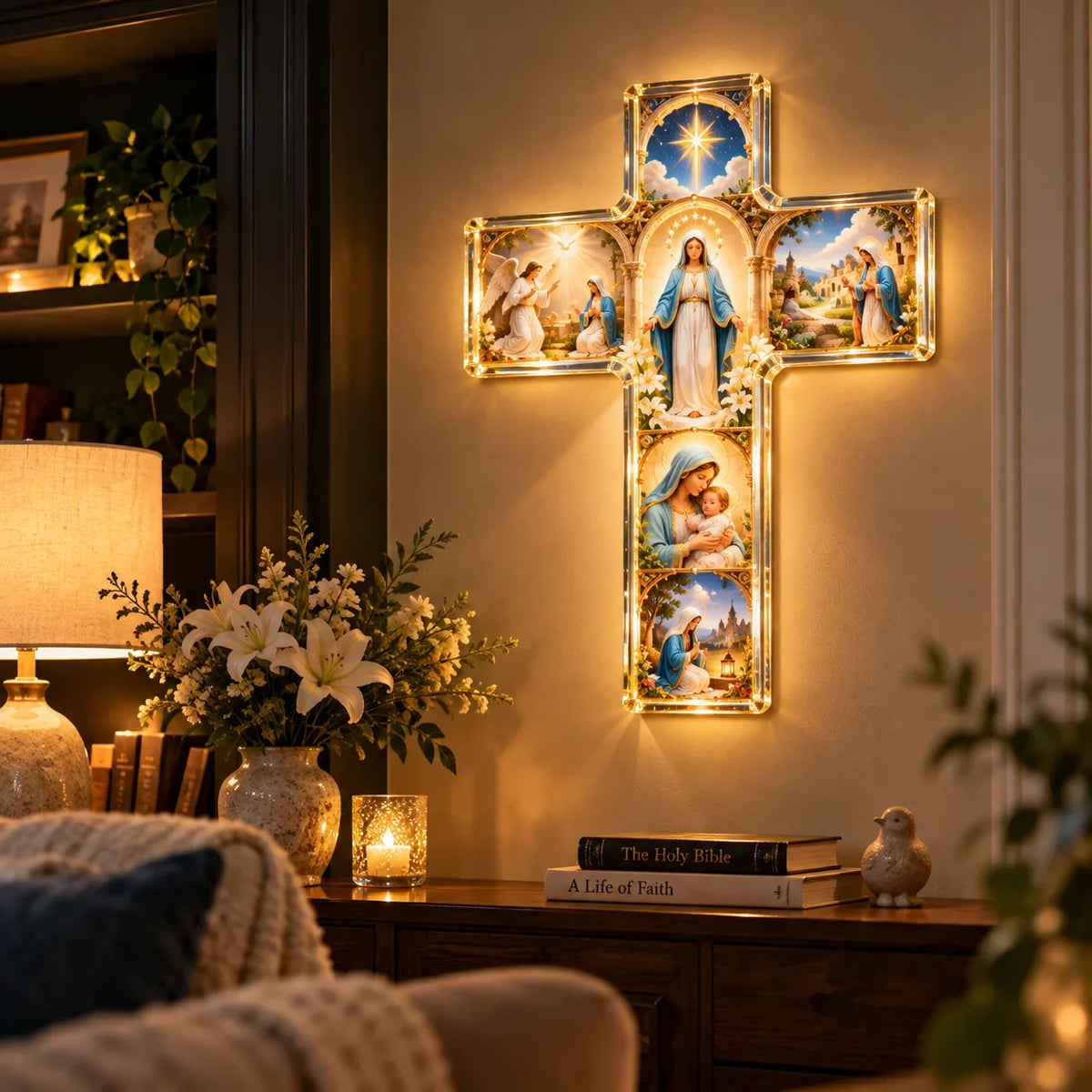 ✨ Mary’s Sacred Journey – Illuminated 6-Scene Cross✝️