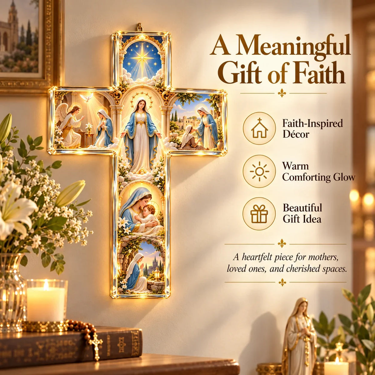 ✨ Mary’s Sacred Journey – Illuminated 6-Scene Cross✝️