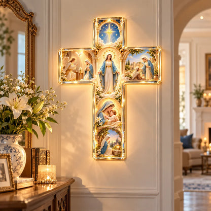 ✨ Mary’s Sacred Journey – Illuminated 6-Scene Cross✝️