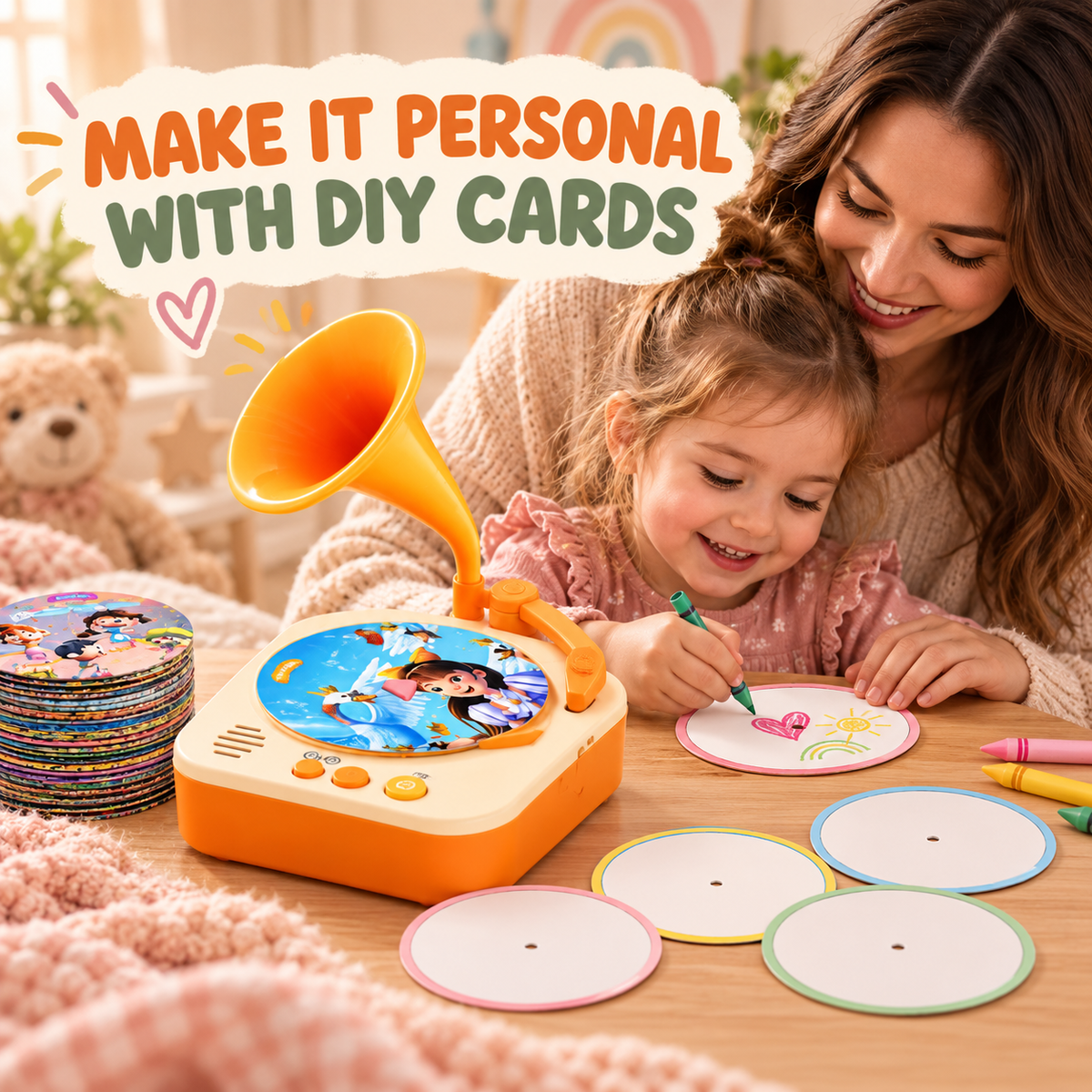 Screen-Free Story & Music Player for Kids – 96 Audio Cards & 4 DIY Recording Cards
