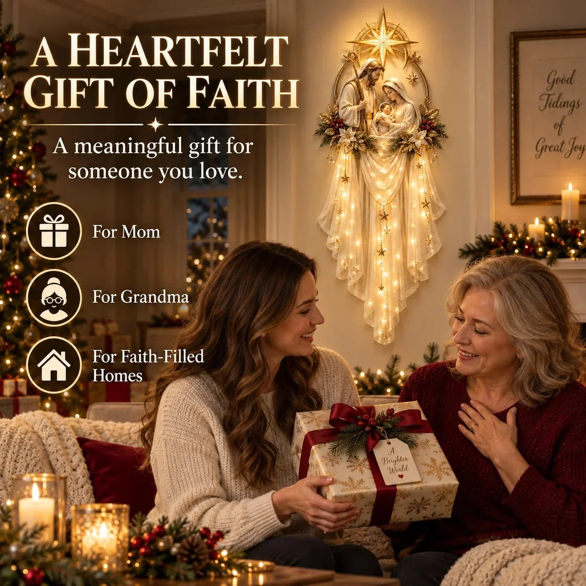 Mother and daughter sharing a Christmas gift beside a glowing Holy Family Nativity wall hanging