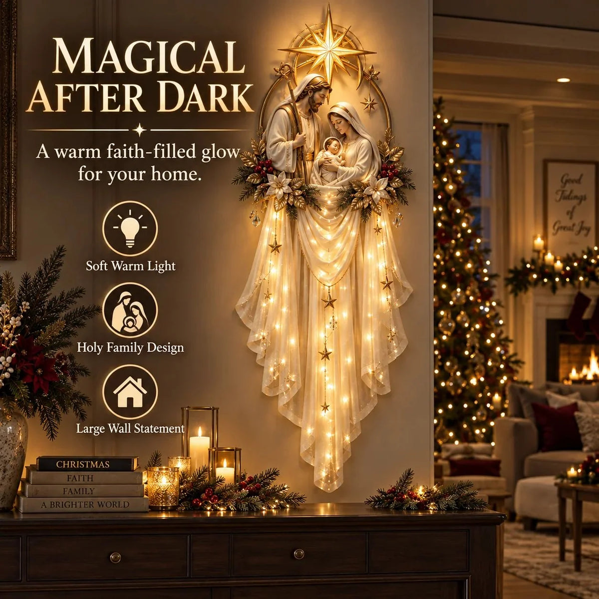 Illuminated Holy Family Nativity wall hanging glowing with warm golden LED lights during a Christmas evening