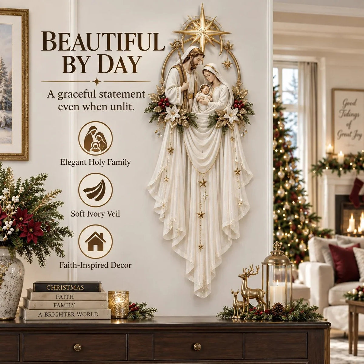 Holy Family Nativity wall hanging in daylight featuring Mary, Joseph and Jesus with soft ivory fabric and golden star details