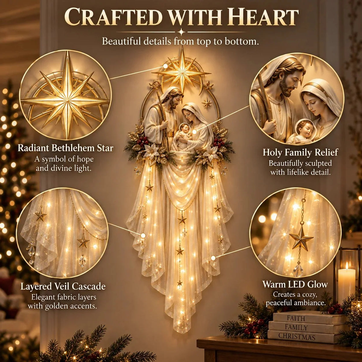 Close-up of the Holy Family Nativity wall hanging showing the Bethlehem star, Mary, Joseph, Baby Jesus and decorative illuminated fabric