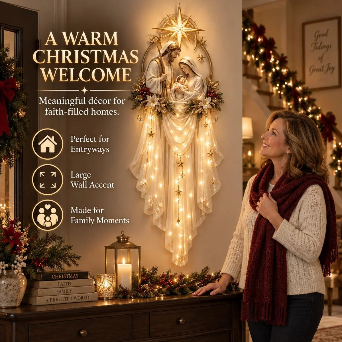 Woman admiring a large illuminated Holy Family Nativity wall hanging in a welcoming Christmas entryway