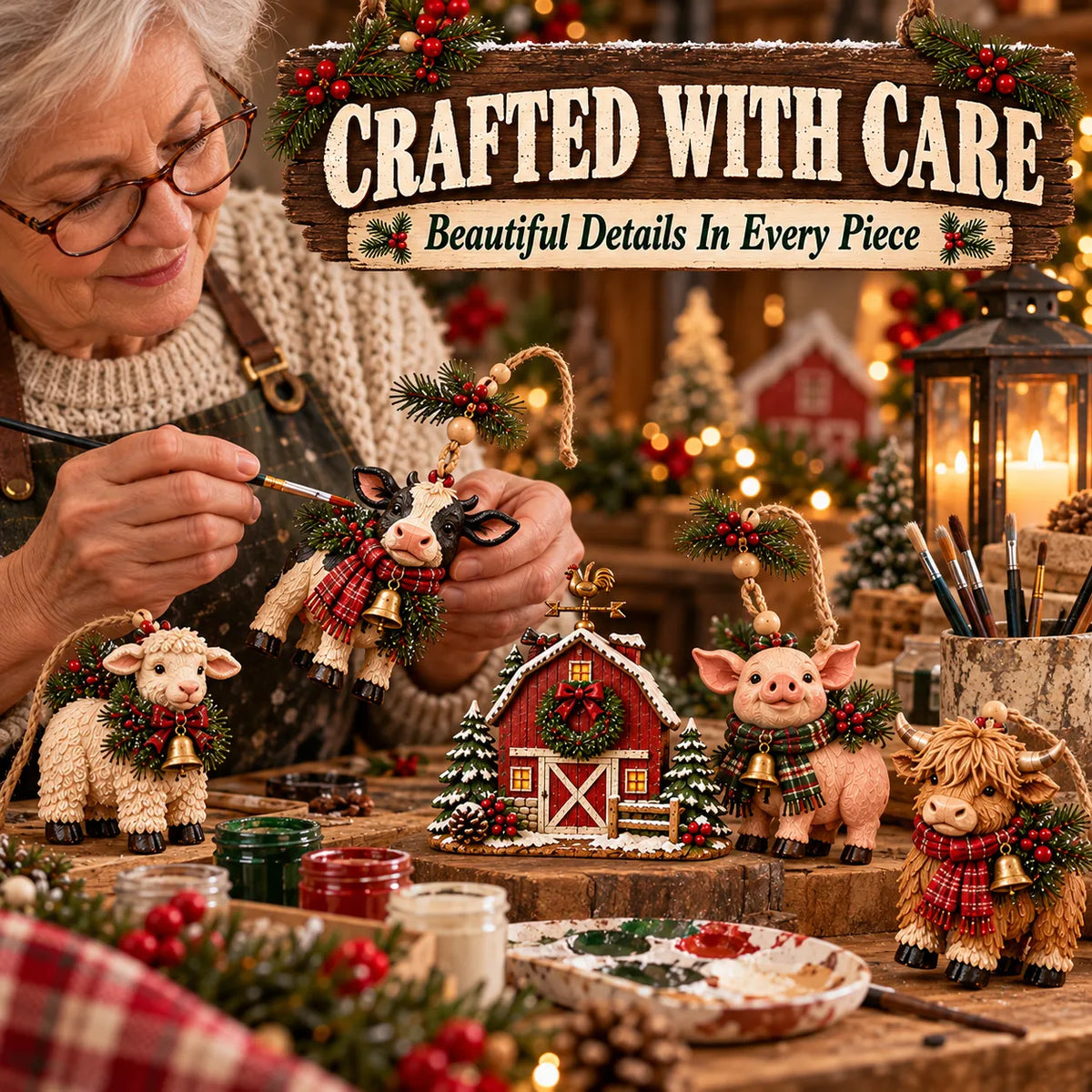Christmas Farm Friends decorations showing detailed festive sheep, dairy cow, pig, Highland cow and snowy red barn in a cozy workshop-inspired setting