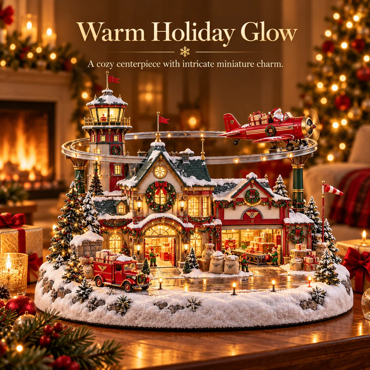 ✈️ North Pole Air Mail Village™ – Lighted Christmas Airport with Santa's Plane, Elf Workshop & Gift Depot
