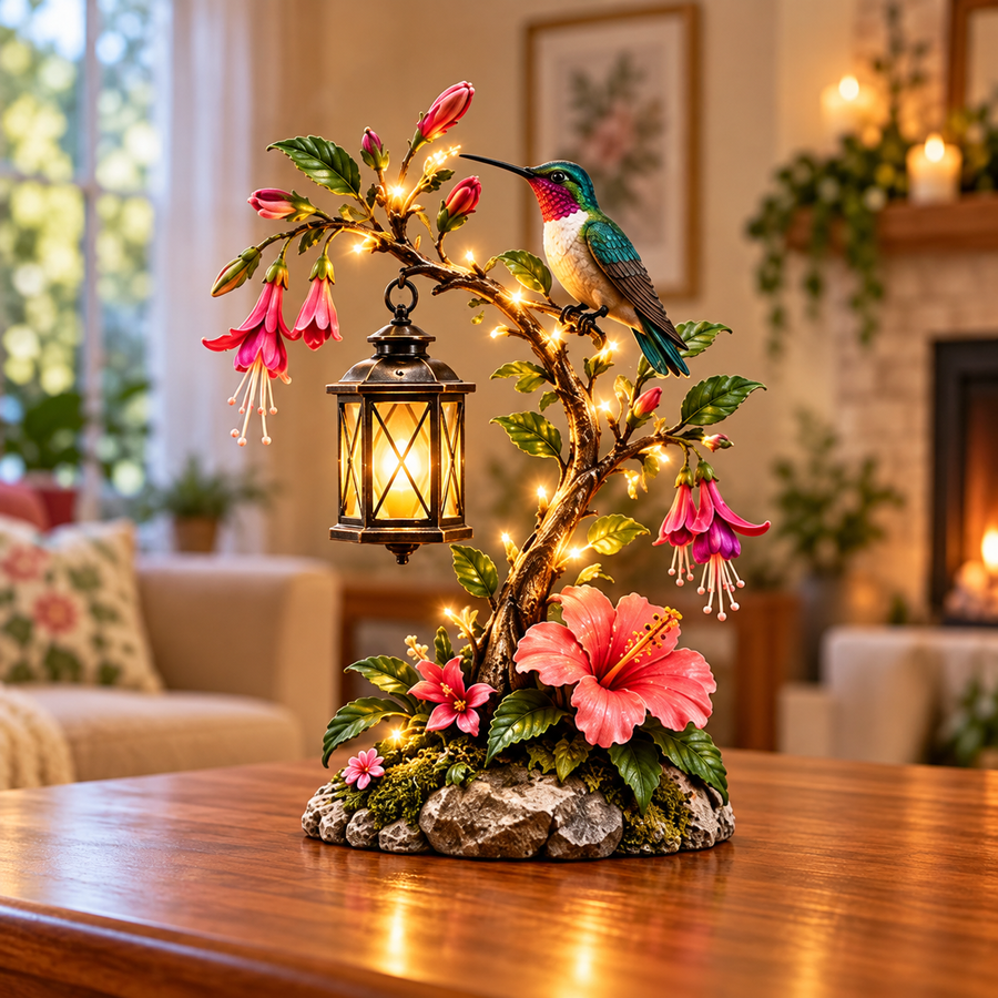 S Garden Perch lantern with a perched hummingbird and arching pink flowering branches
