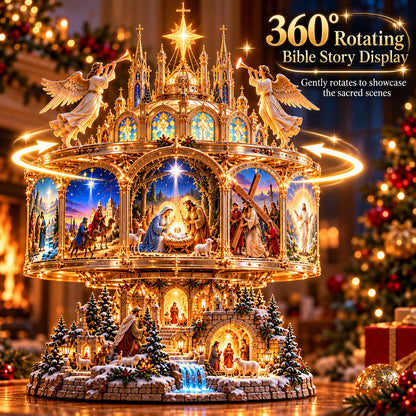✝️✨ Journey of Faith™ – 360° Rotating Lighted Bible Story Nativity Display with Angelic Cathedral & Sacred Scenes